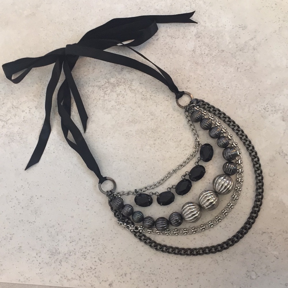 LAYERED NECKLACE Gunmetal & Black with Ribbon Tie